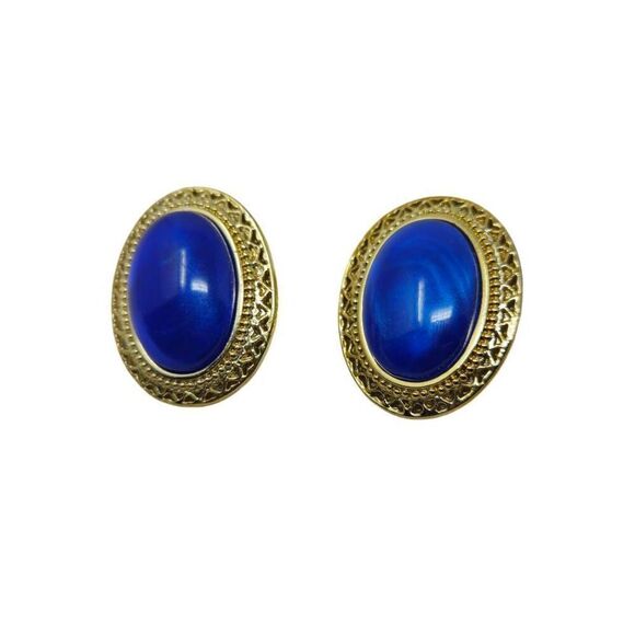 Oval Blue Stone Clip-On Earrings | 1.62" - Picture 1 of 3
